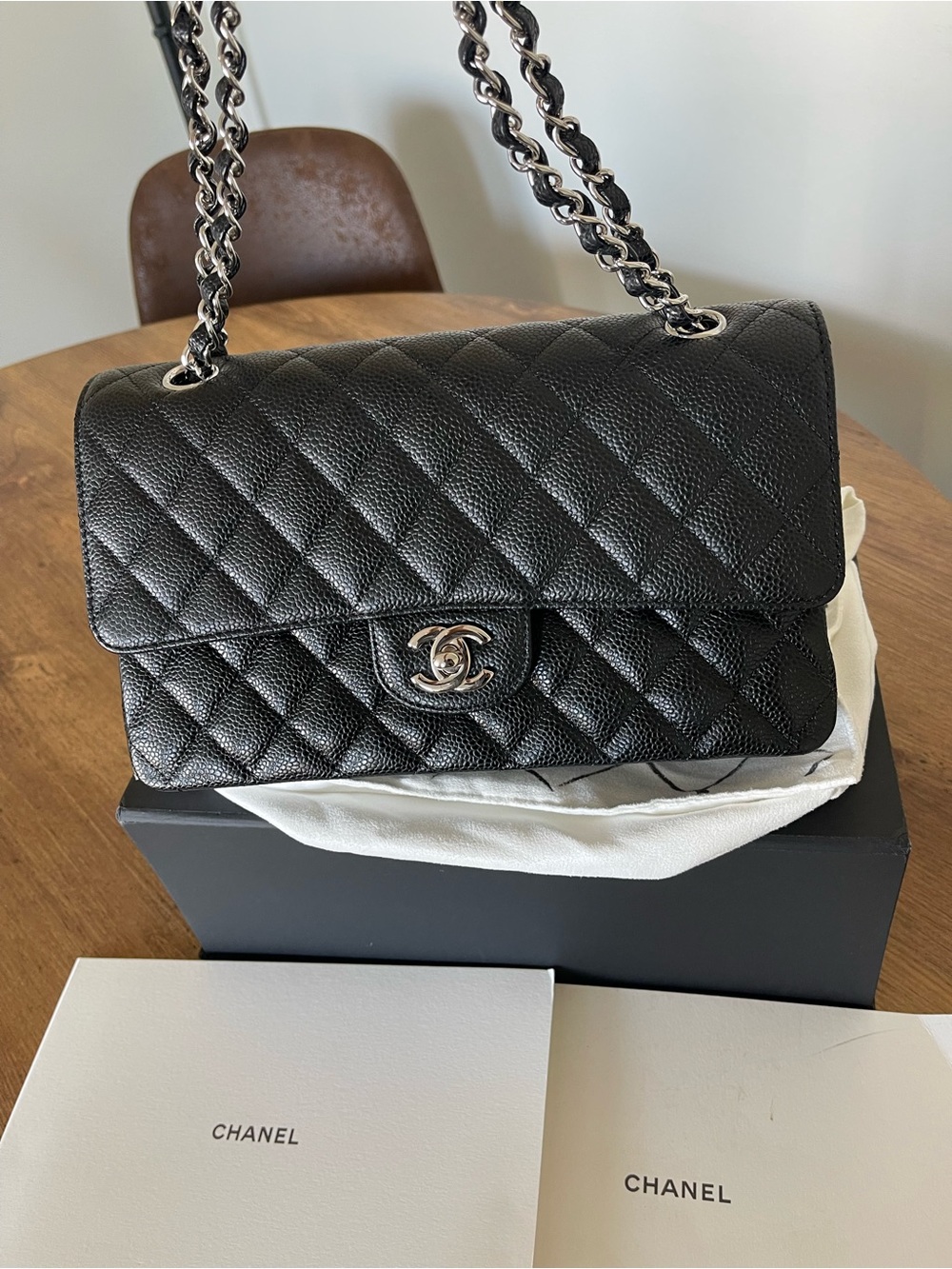 Chanel Black Caviar Classic Medium Quilted Double Flap Bag Silver Hardware